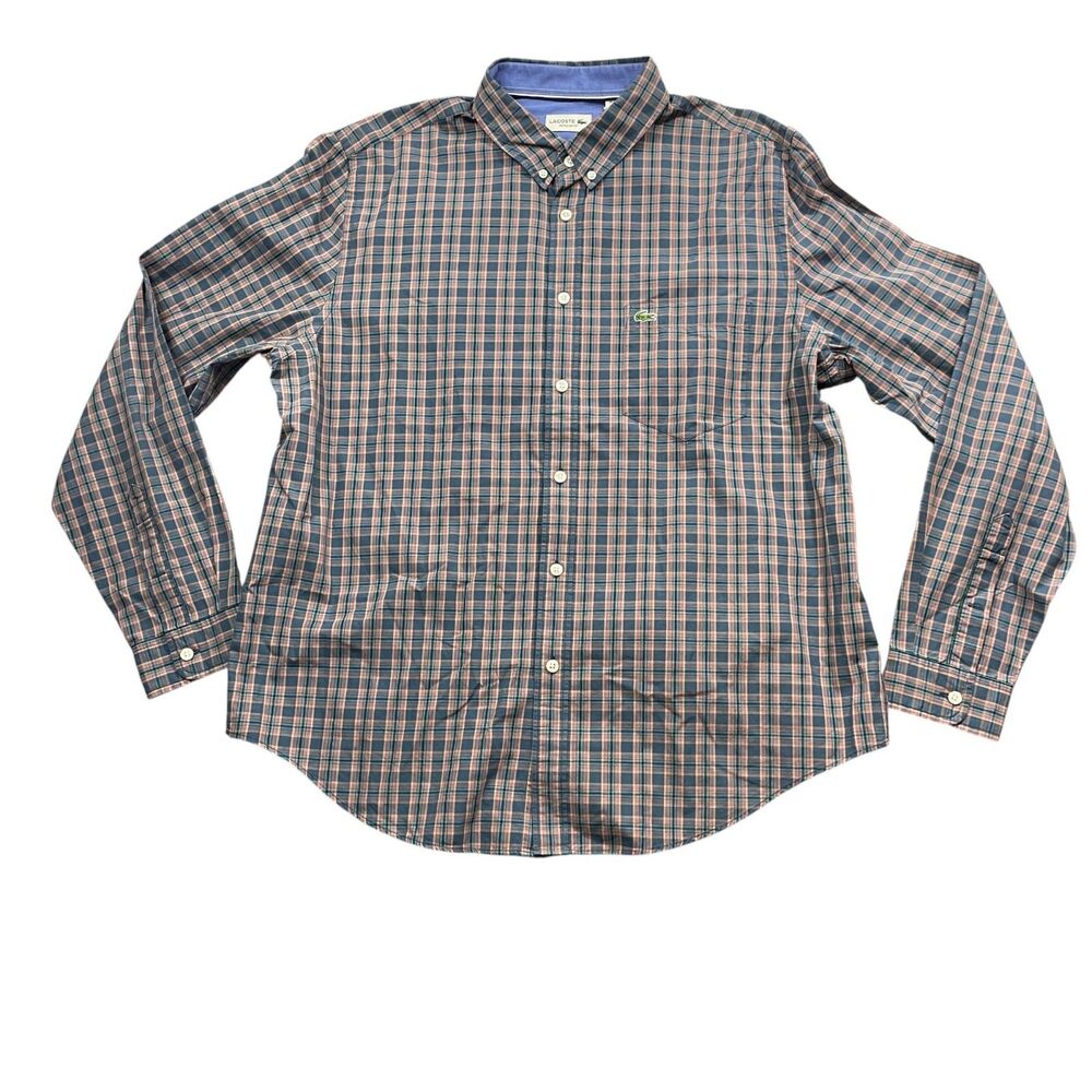 Lacoste‎ XL Long Sleeve Button Down Button Collar Plaid 100% Cotton Shirt